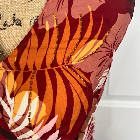 Sz 2P Kate Hill 100% Silk Red & Orange Beaded Faux Wrap Top - Picture 6 of 13